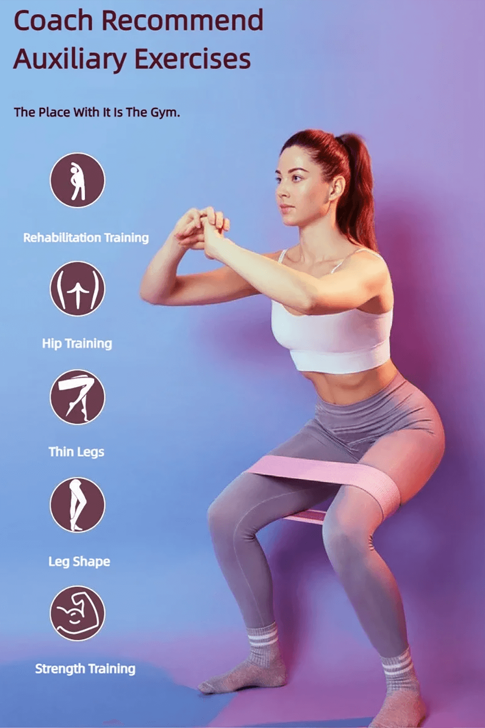 Woman using pink fabric resistance band for glute training with fitness benefits listed beside.